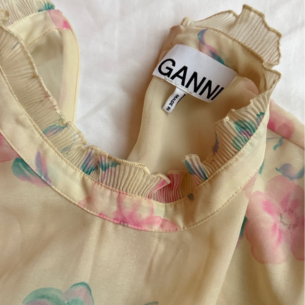 Ganni Cream Blouse with Pink and Green Floral Design